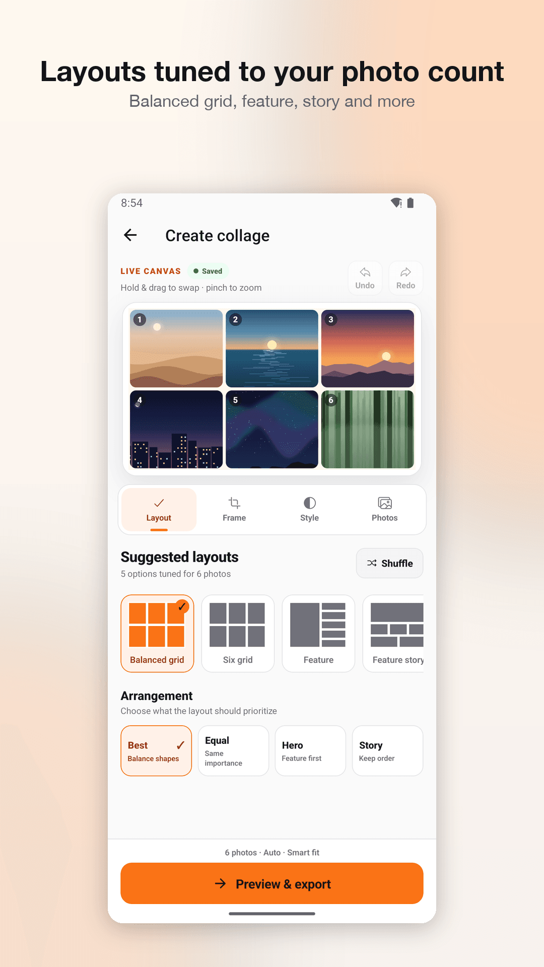 Collage editor showing suggested layouts tuned to six photos, with arrangement priorities